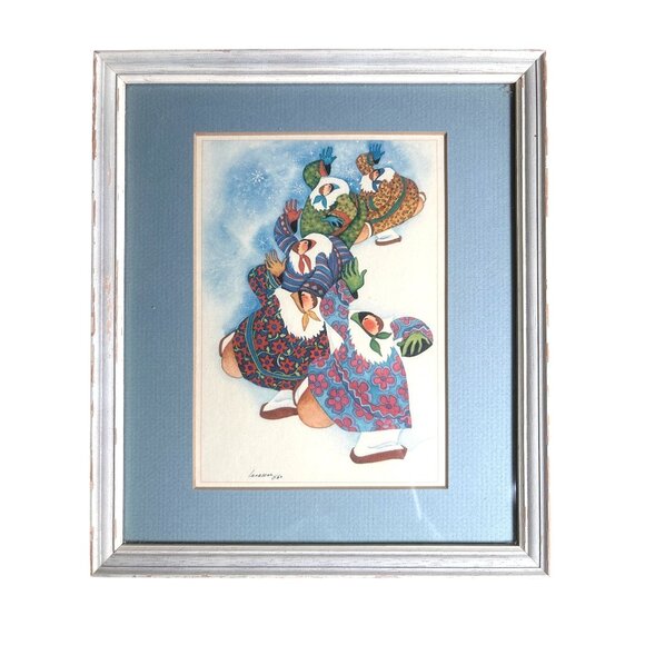 Barbara Lavallee Follow The Leader 1984 Matted Framed Print 5" X 6" Alaskian Vil - Picture 1 of 6